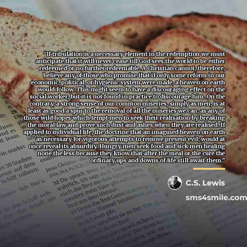 “If tribulation is a necessary element in the redemption we must anticipate that it will never cease till God sees the world to be either redeemed or no further redeemable. A Christian cannot, therefore, believe any of those who promise that if only some reform in our economic, political, or…” quote by C.S. Lewis