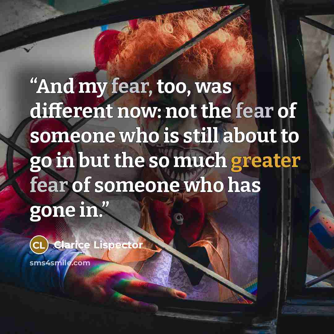 “And my fear, too, was different now: not the fear of someone who is still about to go in but the so much greater fear of someone who has gone in.” quote by Clarice Lispector