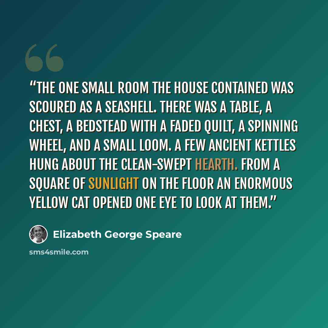 “The one small room the house contained was scoured as a seashell. There was a table, a chest, a bedstead with a faded quilt, a spinning wheel, and a small loom. A few ancient kettles hung about the clean-swept hearth. From a square of sunlight on the floor an enormous yellow cat opened one eye to…” quote by Elizabeth George Speare