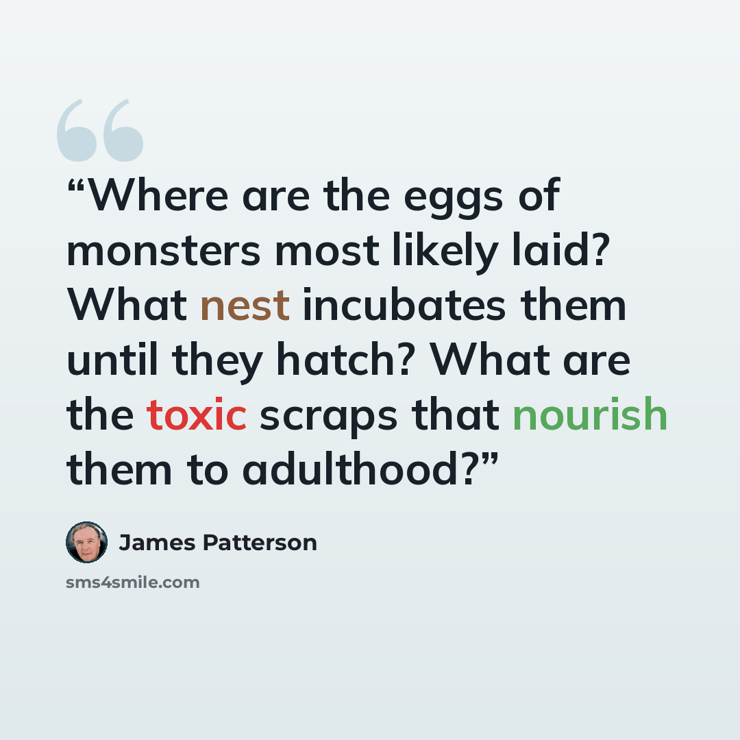 “Where are the eggs of monsters most likely laid? What nest incubates them until they hatch? What are the toxic scraps that nourish them to adulthood?” quote by James Patterson