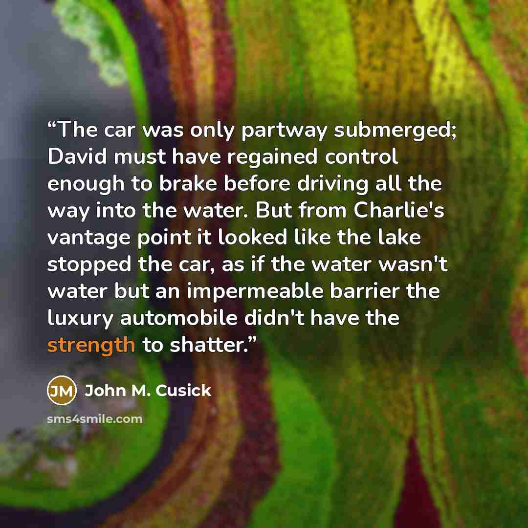 “The car was only partway submerged; David must have regained control enough to brake before driving all the way into the water. But from Charlie's vantage point it looked like the lake stopped the car, as if the water wasn't water but an impermeable barrier the luxury automobile didn't have the…” quote by John M. Cusick