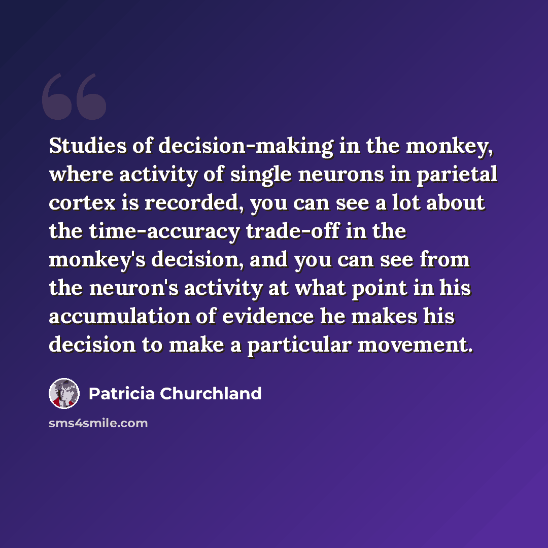 “Studies of decision-making in the monkey, where activity of single neurons in parietal cortex is recorded, you can see a lot about the time-accuracy trade-off in the monkey's decision, and you can see from the neuron's activity at what point in his accumulation of evidence he makes his decision to…” quote by Patricia Churchland