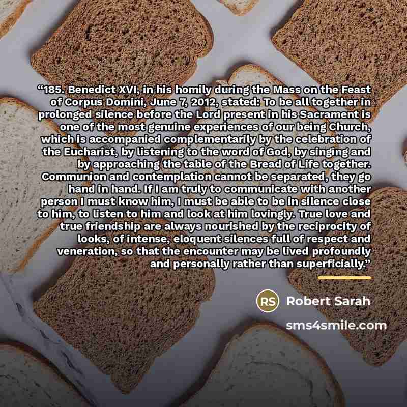 “185. Benedict XVI, in his homily during the Mass on the Feast of Corpus Domini, June 7, 2012, stated: To be all together in prolonged silence before the Lord present in his Sacrament is one of the most genuine experiences of our being Church, which is accompanied complementarily by the celebration…” quote by Robert Sarah