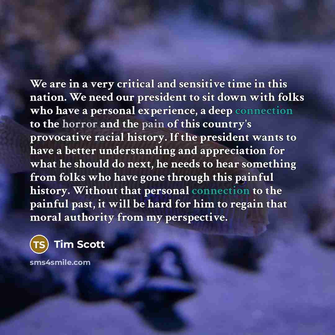 “We are in a very critical and sensitive time in this nation. We need our president to sit down with folks who have a personal experience, a deep connection to the horror and the pain of this country's provocative racial history. If the president wants to have a better understanding and…” quote by Tim Scott