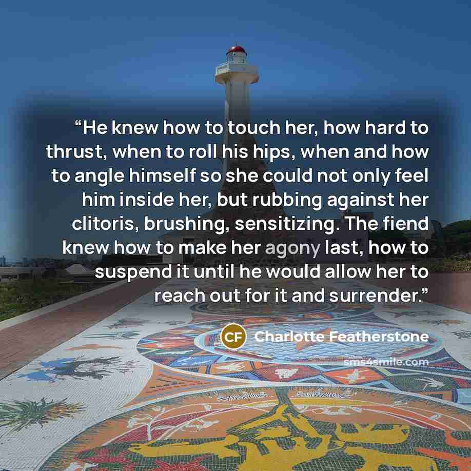 “He knew how to touch her, how hard to thrust, when to roll his hips, when and how to angle himself so she could not only feel him inside her, but rubbing against her clitoris, brushing, sensitizing. The fiend knew how to make her agony last, how to suspend it until he would allow her to reach out…” quote by Charlotte Featherstone