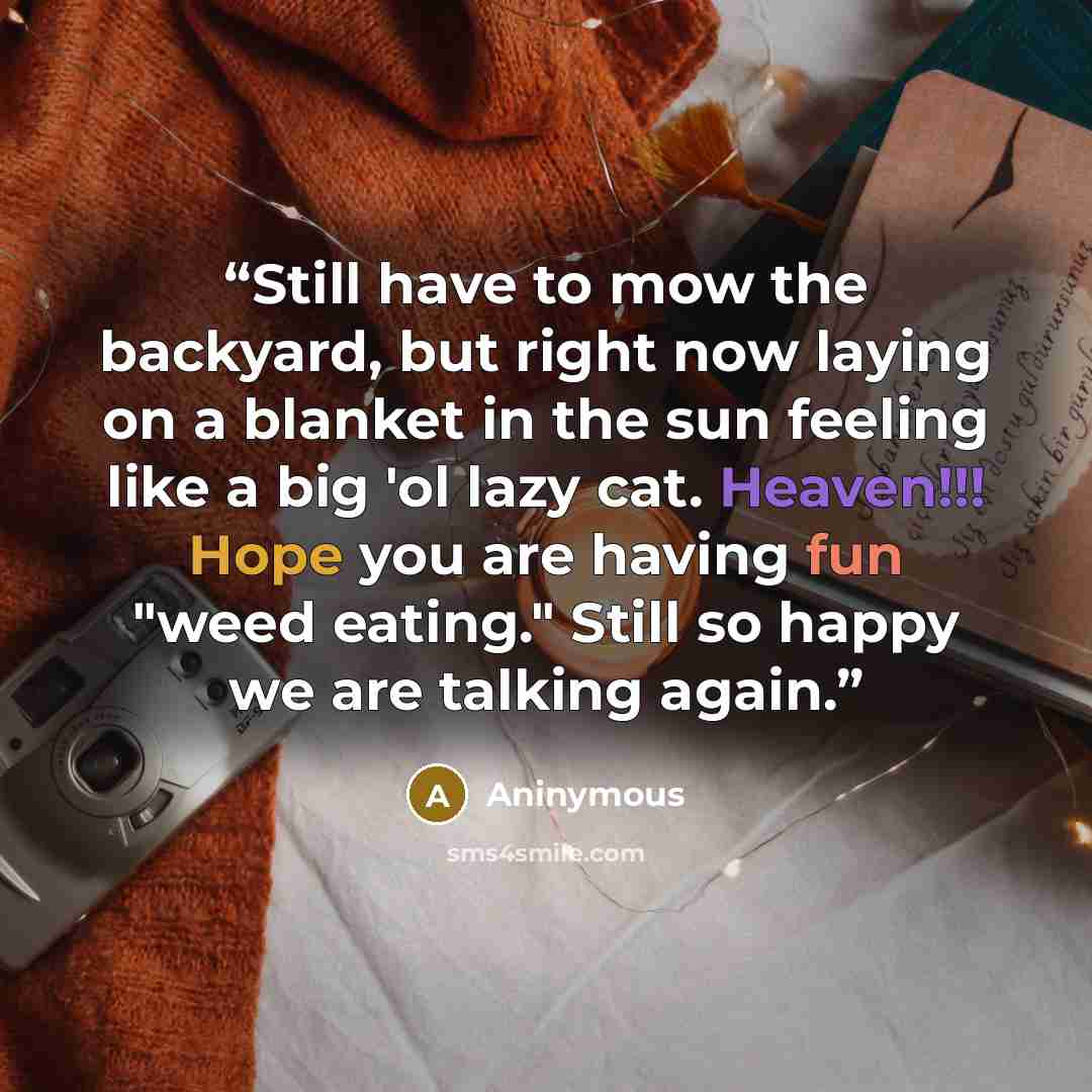 “Still have to mow the backyard, but right now laying on a blanket in the sun feeling like a big 'ol lazy cat. Heaven!!! Hope you are having fun "weed eating." Still so happy we are talking again.” quote by Aninymous