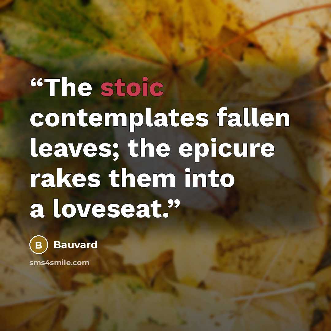 “The stoic contemplates fallen leaves; the epicure rakes them into a loveseat.” quote by Bauvard