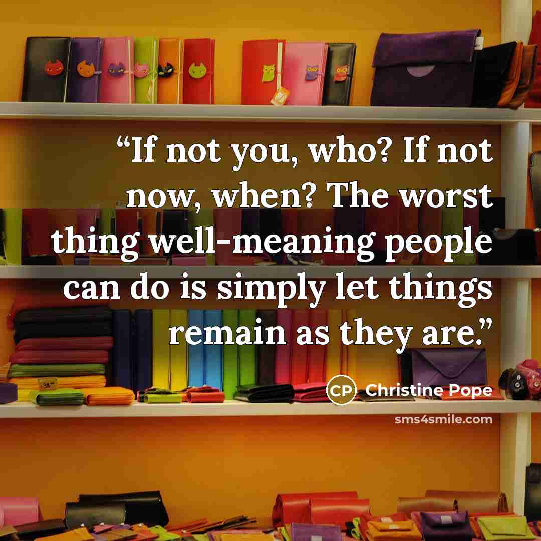 “If not you, who? If not now, when? The worst thing well-meaning people can do is simply let things remain as they are.” quote by Christine Pope