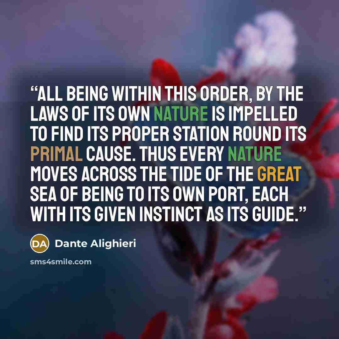 “All Being within this order, by the laws of its own nature is impelled to find its proper station round its Primal Cause. Thus every nature moves across the tide of the great sea of being to its own port, each with its given instinct as its guide.” quote by Dante Alighieri