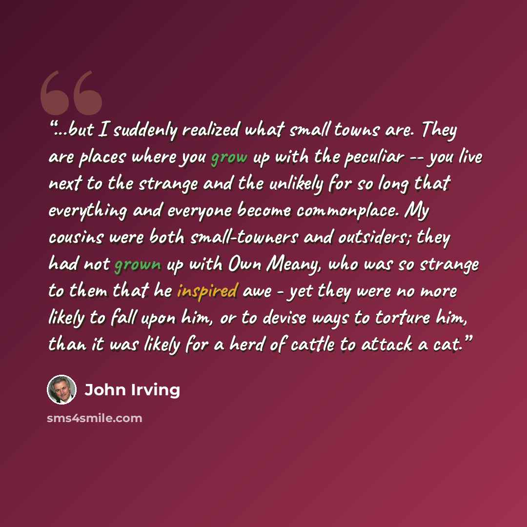 “...but I suddenly realized what small towns are. They are places where you grow up with the peculiar -- you live next to the strange and the unlikely for so long that everything and everyone become commonplace. My cousins were both small-towners and outsiders; they had not grown up with Own Meany…” quote by John Irving