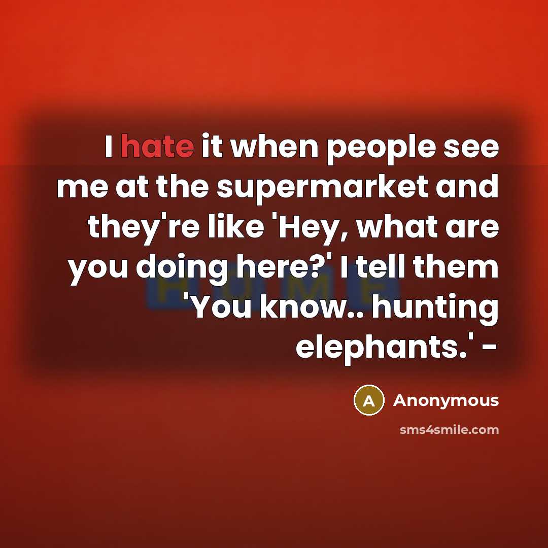 “I hate it when people see me at the supermarket and they're like 'Hey, what are you doing here?' I tell them 'You know.. hunting elephants.' -” quote by Anonymous