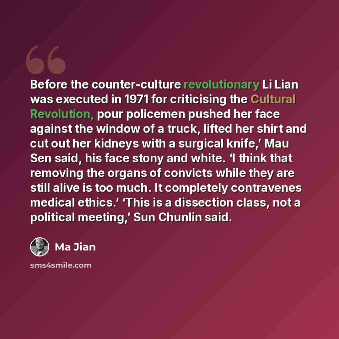 “Before the counter-culture revolutionary Li Lian was executed in 1971 for criticising the Cultural Revolution, pour policemen pushed her face against the window of a truck, lifted her shirt and cut out her kidneys with a surgical knife,’ Mau Sen said, his face stony and white. ‘I think that…” quote by Ma Jian