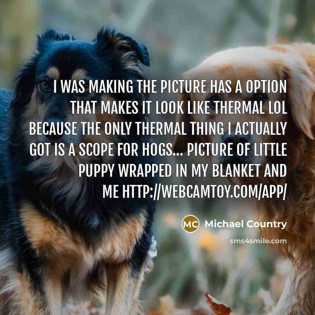“I was making the picture has a option that makes it look like thermal lol because the only thermal thing I actually got is a scope for hogs… Picture of little puppy wrapped in my blanket and me http://webcamtoy.com/app/” quote by Michael Country
