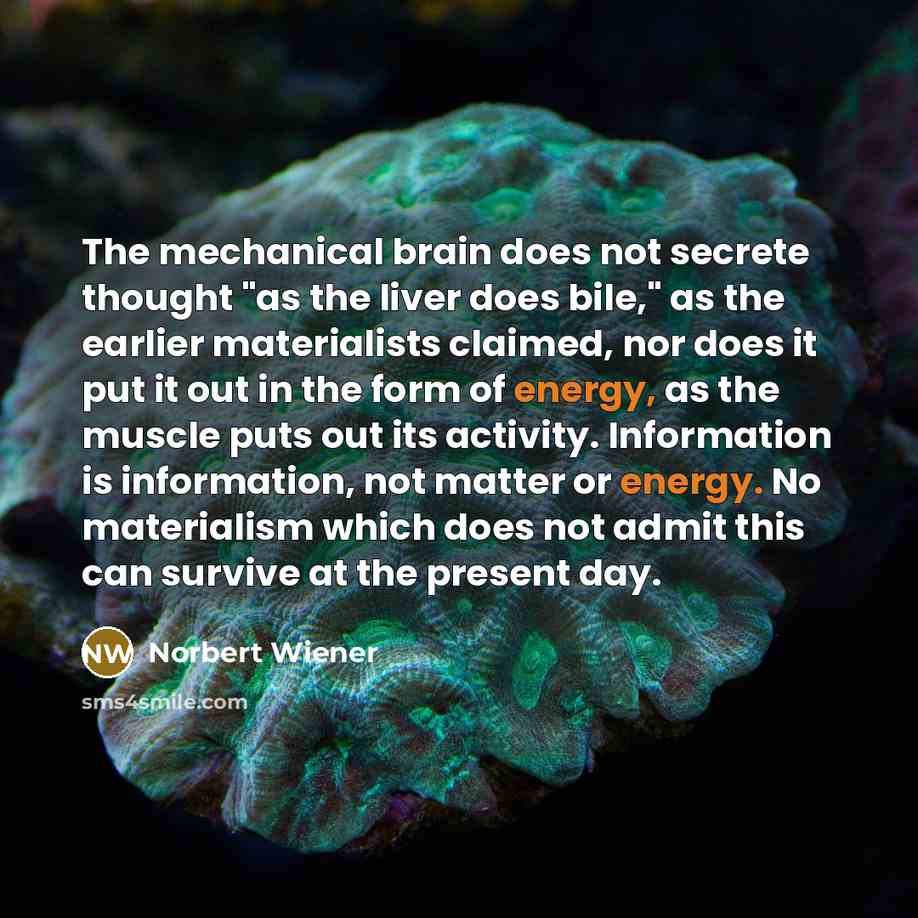 “The mechanical brain does not secrete thought "as the liver does bile," as the earlier materialists claimed, nor does it put it out in the form of energy, as the muscle puts out its activity. Information is information, not matter or energy. No materialism which does not admit this can survive at…” quote by Norbert Wiener