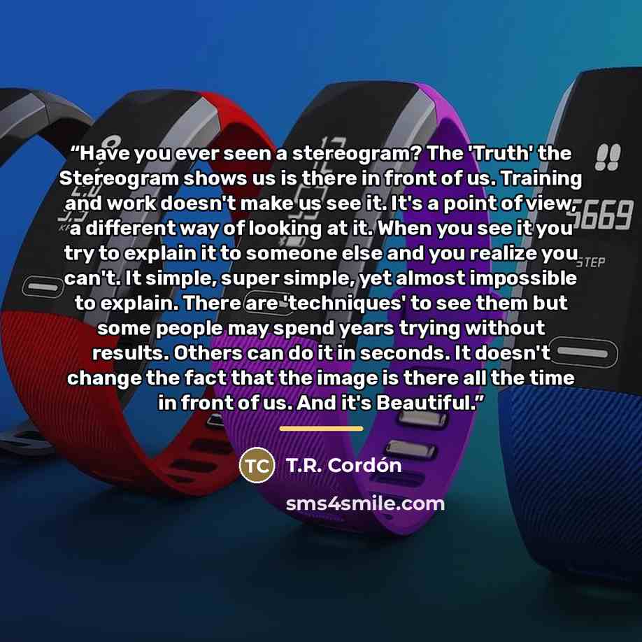 “Have you ever seen a stereogram? The 'Truth' the Stereogram shows us is there in front of us. Training and work doesn't make us see it. It's a point of view, a different way of looking at it. When you see it you try to explain it to someone else and you realize you can't. It simple, super simple…” quote by T.R. Cordón