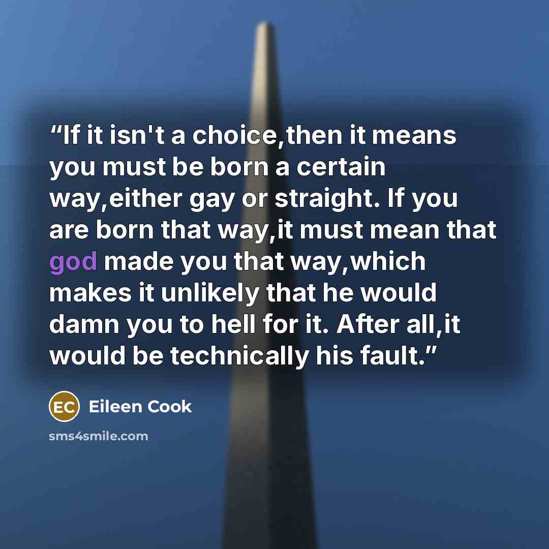 “If it isn't a choice,then it means you must be born a certain way,either gay or straight. If you are born that way,it must mean that god made you that way,which makes it unlikely that he would damn you to hell for it. After all,it would be technically his fault.” quote by Eileen Cook