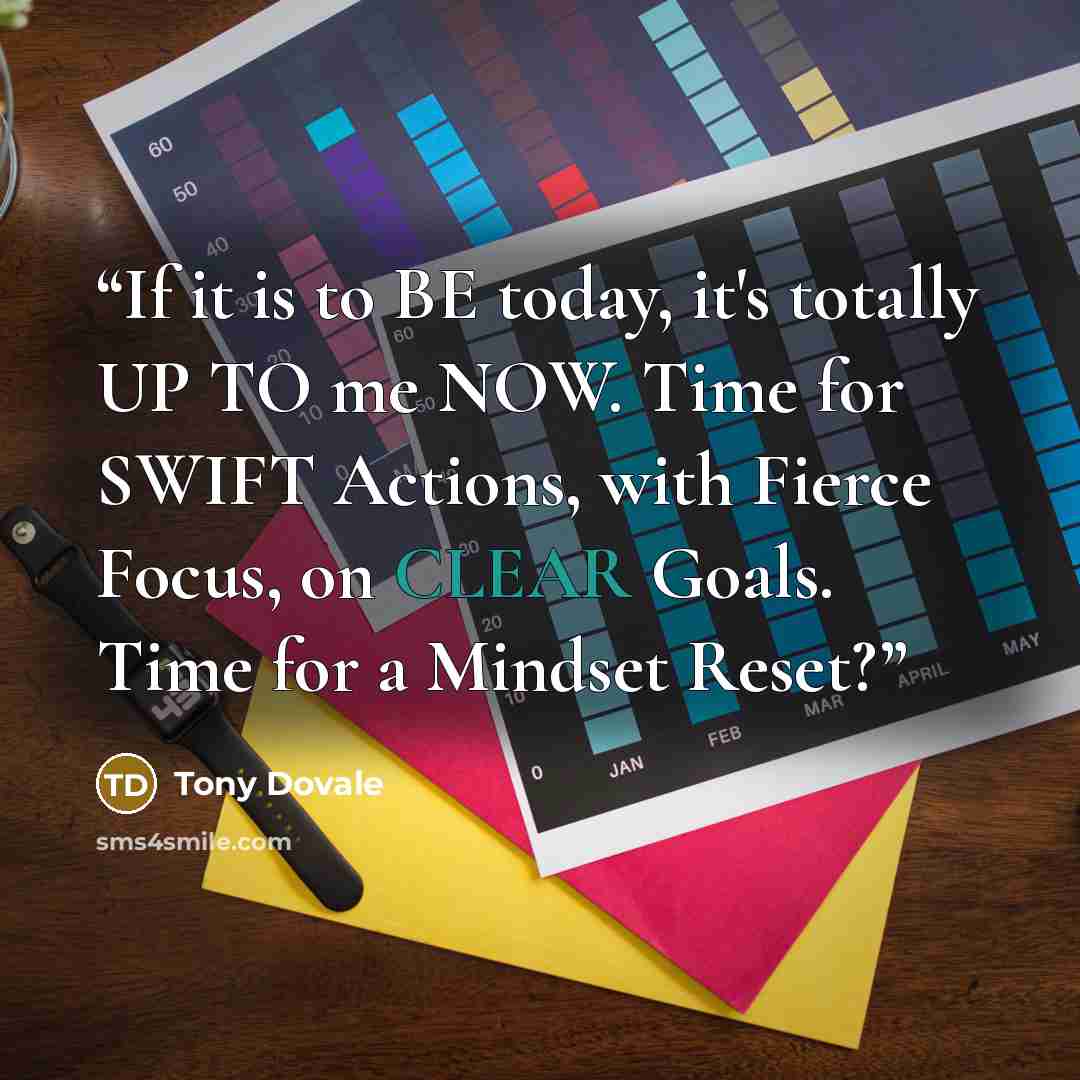 “If it is to BE today, it's totally UP TO me NOW. Time for SWIFT Actions, with Fierce Focus, on CLEAR Goals. Time for a Mindset Reset?” quote by Tony Dovale