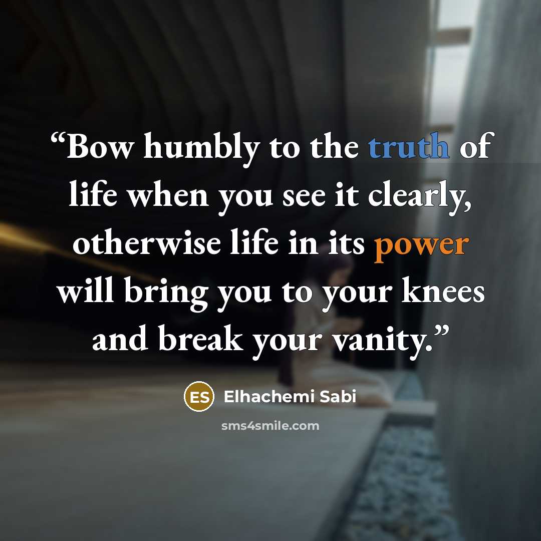 “Bow humbly to the truth of life when you see it clearly, otherwise life in its power will bring you to your knees and break your vanity.” quote by Elhachemi Sabi