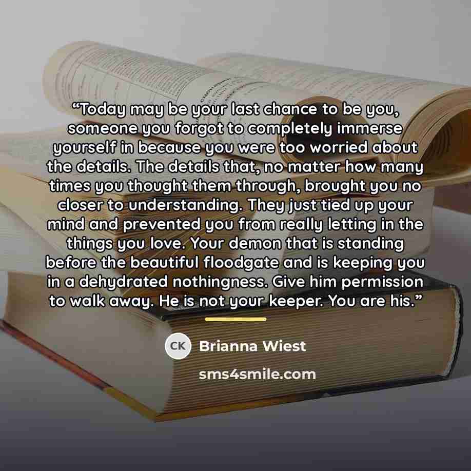 “Today may be your last chance to be you, someone you forgot to completely immerse yourself in because you were too worried about the details. The details that, no matter how many times you thought them through, brought you no closer to understanding. They just tied up your mind and prevented you…” quote by Brianna Wiest