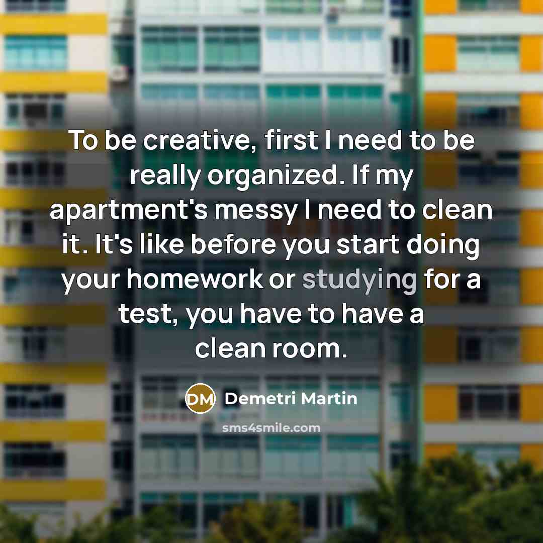 “To be creative, first I need to be really organized. If my apartment's messy I need to clean it. It's like before you start doing your homework or studying for a test, you have to have a clean room.” quote by Demetri Martin