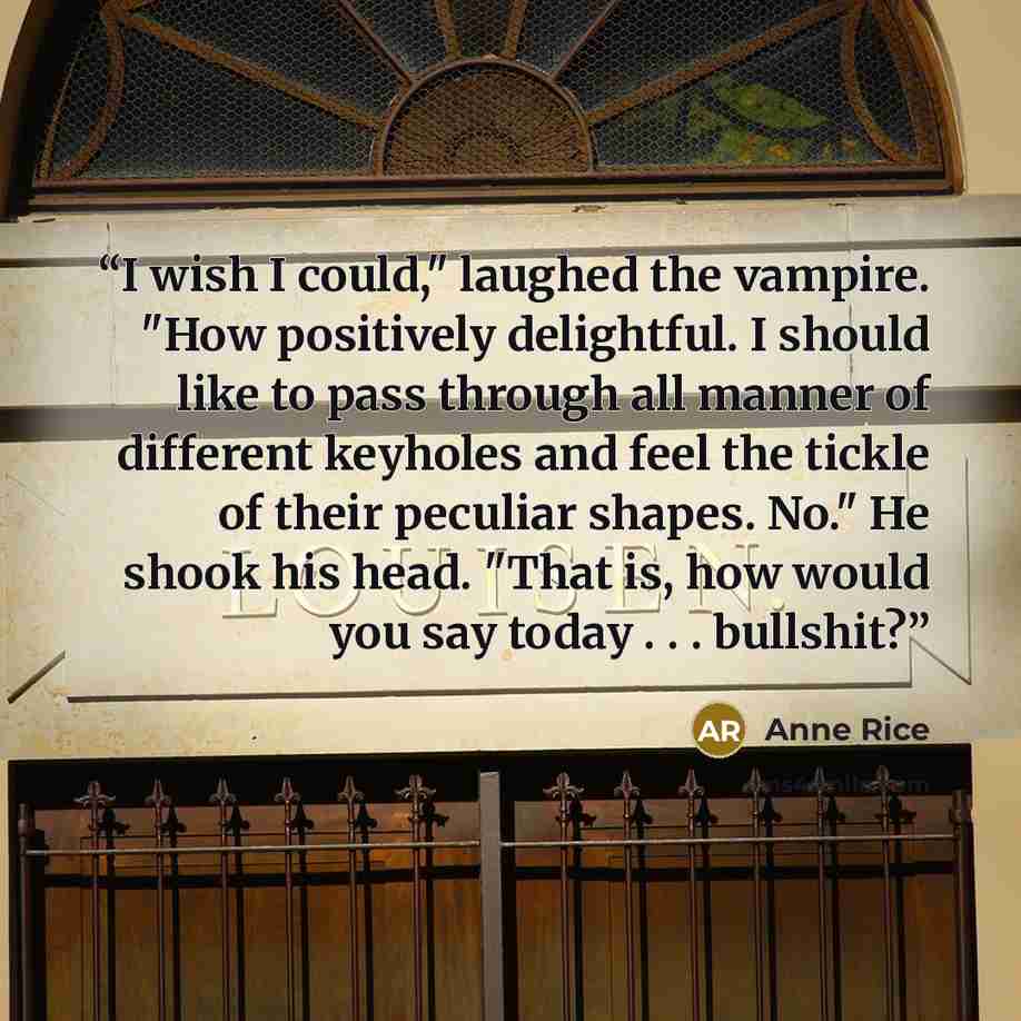 “I wish I could," laughed the vampire. "How positively delightful. I should like to pass through all manner of different keyholes and feel the tickle of their peculiar shapes. No." He shook his head. "That is, how would you say today . . . bullshit?” quote by Anne Rice