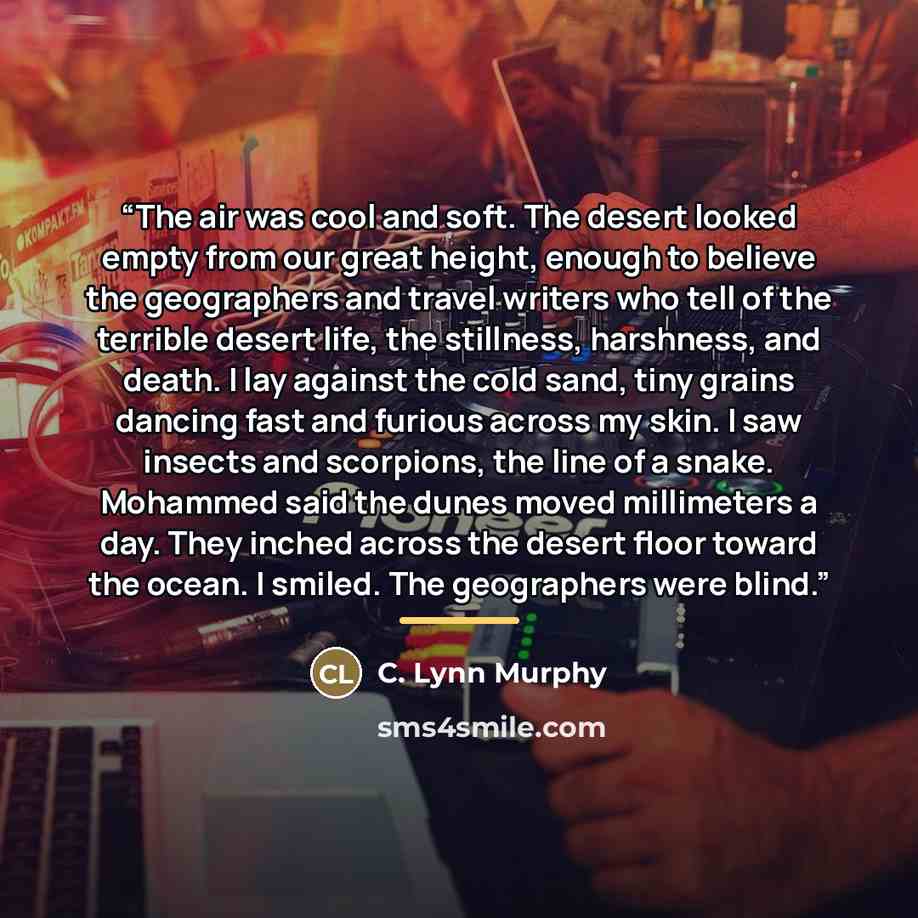 “The air was cool and soft. The desert looked empty from our great height, enough to believe the geographers and travel writers who tell of the terrible desert life, the stillness, harshness, and death. I lay against the cold sand, tiny grains dancing fast and furious across my skin. I saw insects…” quote by C. Lynn Murphy
