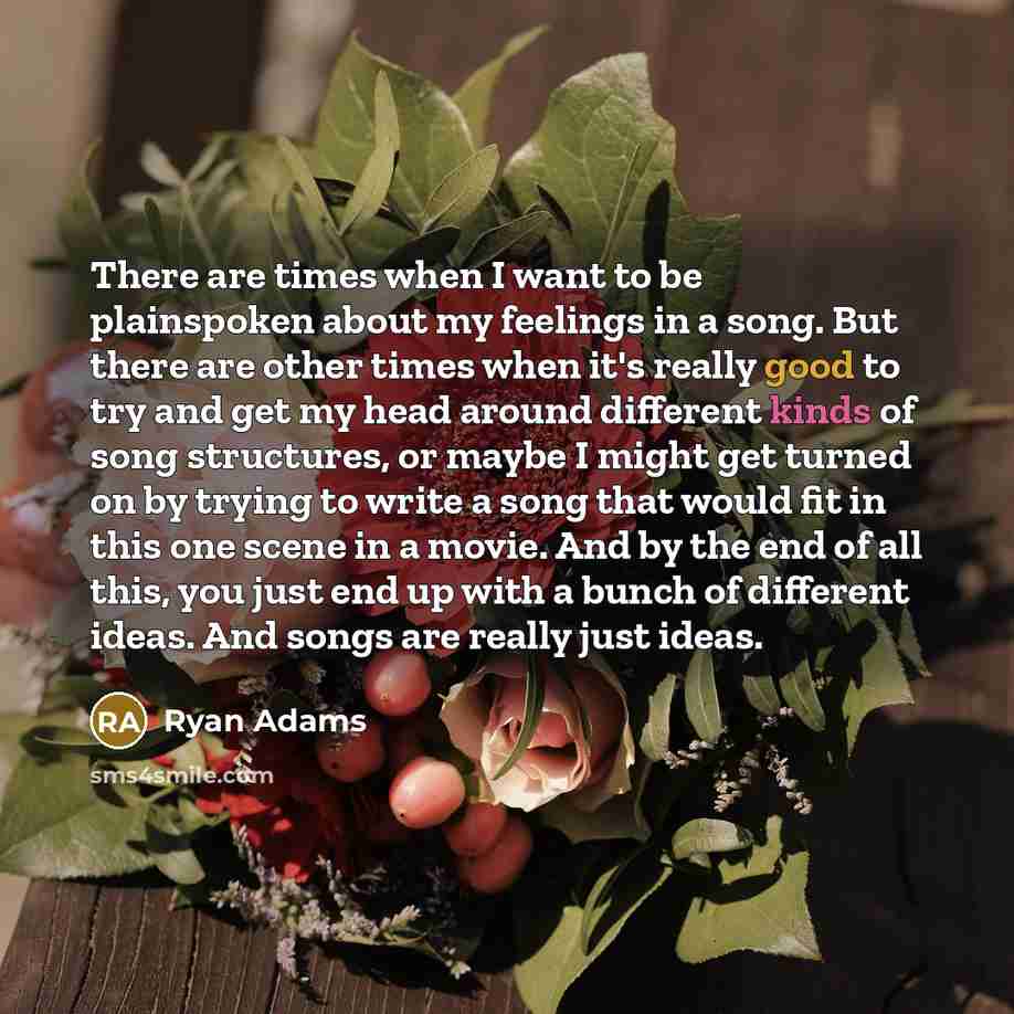 “There are times when I want to be plainspoken about my feelings in a song. But there are other times when it's really good to try and get my head around different kinds of song structures, or maybe I might get turned on by trying to write a song that would fit in this one scene in a movie. And by…” quote by Ryan Adams