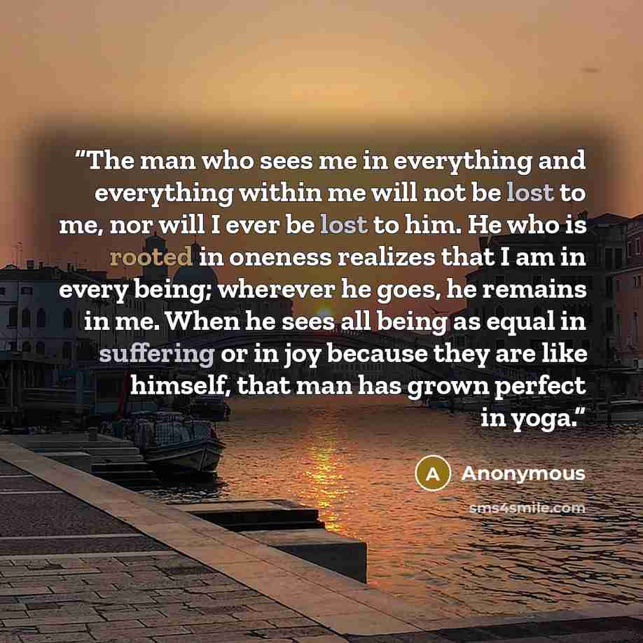“The man who sees me in everything and everything within me will not be lost to me, nor will I ever be lost to him. He who is rooted in oneness realizes that I am in every being; wherever he goes, he remains in me. When he sees all being as equal in suffering or in joy because they are like…” quote by Anonymous