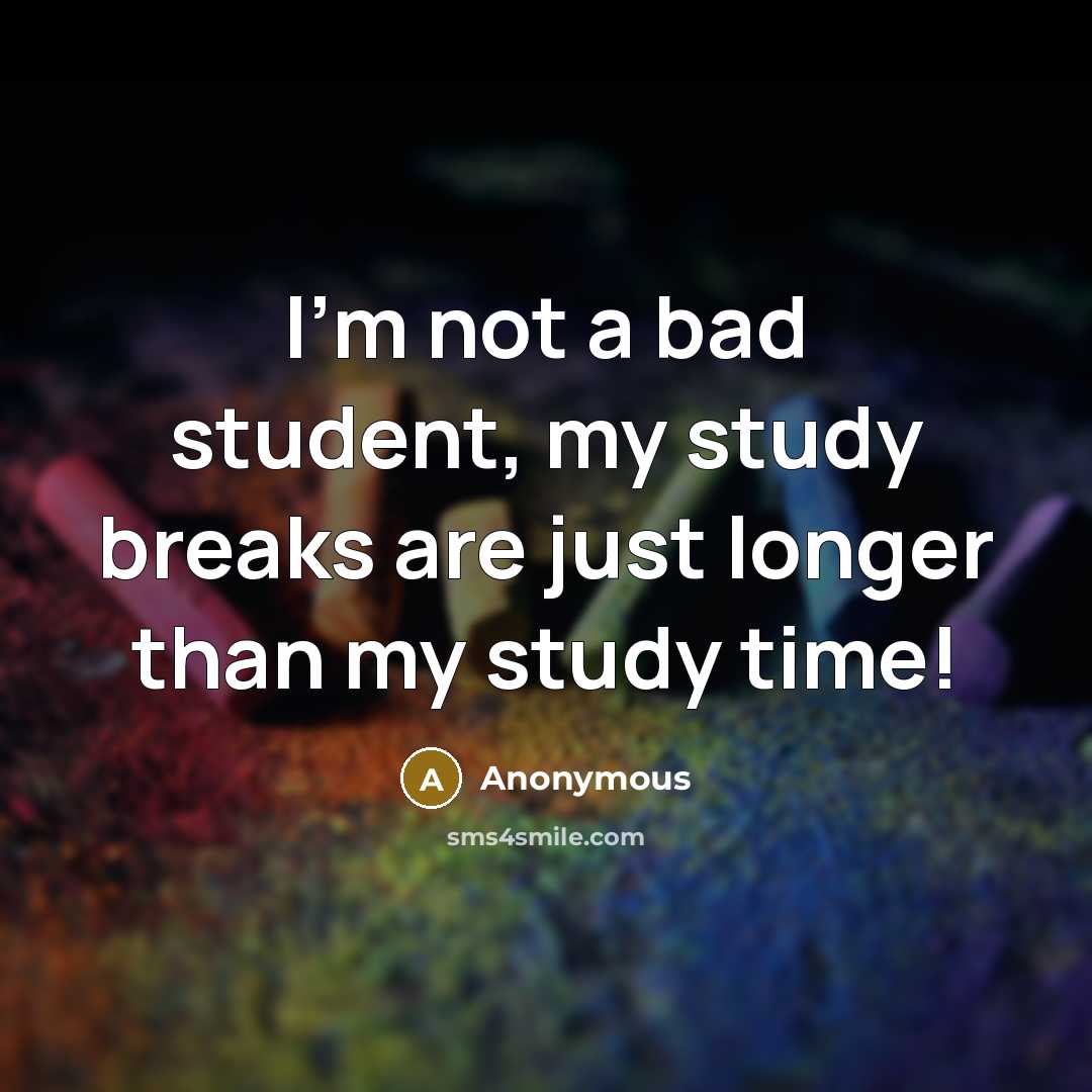 “I'm not a bad student, my study breaks are just longer than my study time!” quote by Anonymous