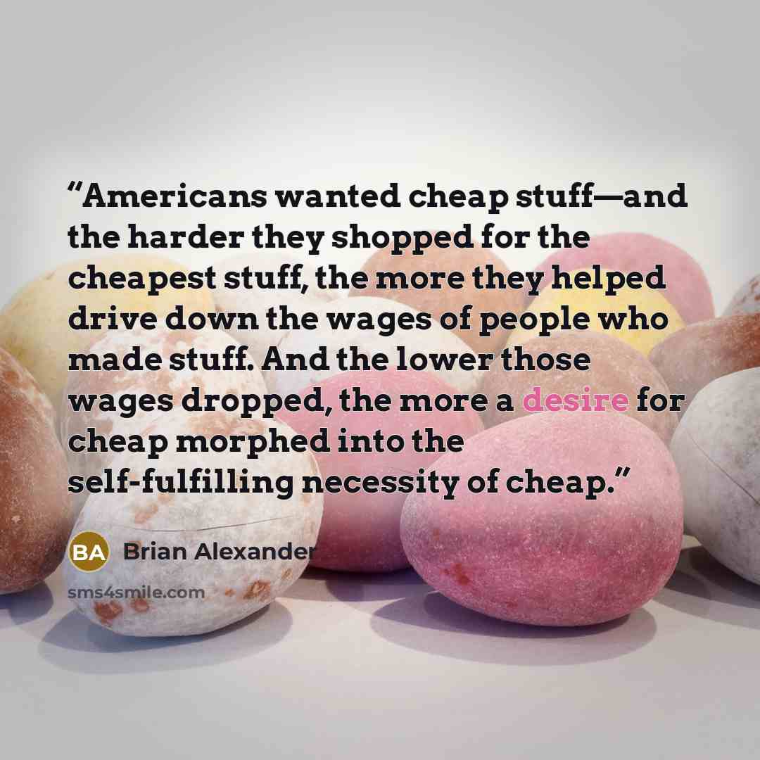 “Americans wanted cheap stuff—and the harder they shopped for the cheapest stuff, the more they helped drive down the wages of people who made stuff. And the lower those wages dropped, the more a desire for cheap morphed into the self-fulfilling necessity of cheap.” quote by Brian Alexander