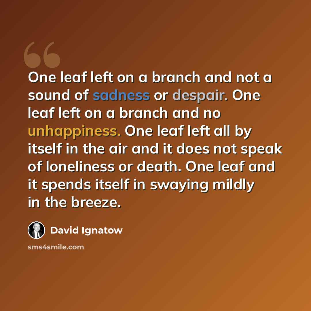 “One leaf left on a branch and not a sound of sadness or despair. One leaf left on a branch and no unhappiness. One leaf left all by itself in the air and it does not speak of loneliness or death. One leaf and it spends itself in swaying mildly in the breeze.” quote by David Ignatow