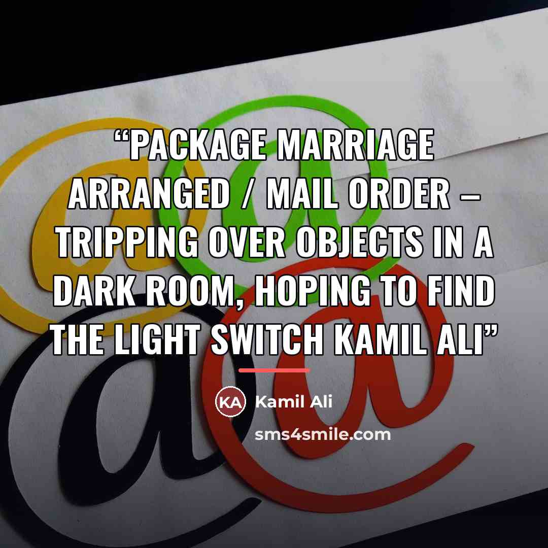 “PACKAGE MARRIAGE Arranged / Mail Order – Tripping over objects in a dark room, hoping to find the light switch Kamil Ali” quote by Kamil Ali