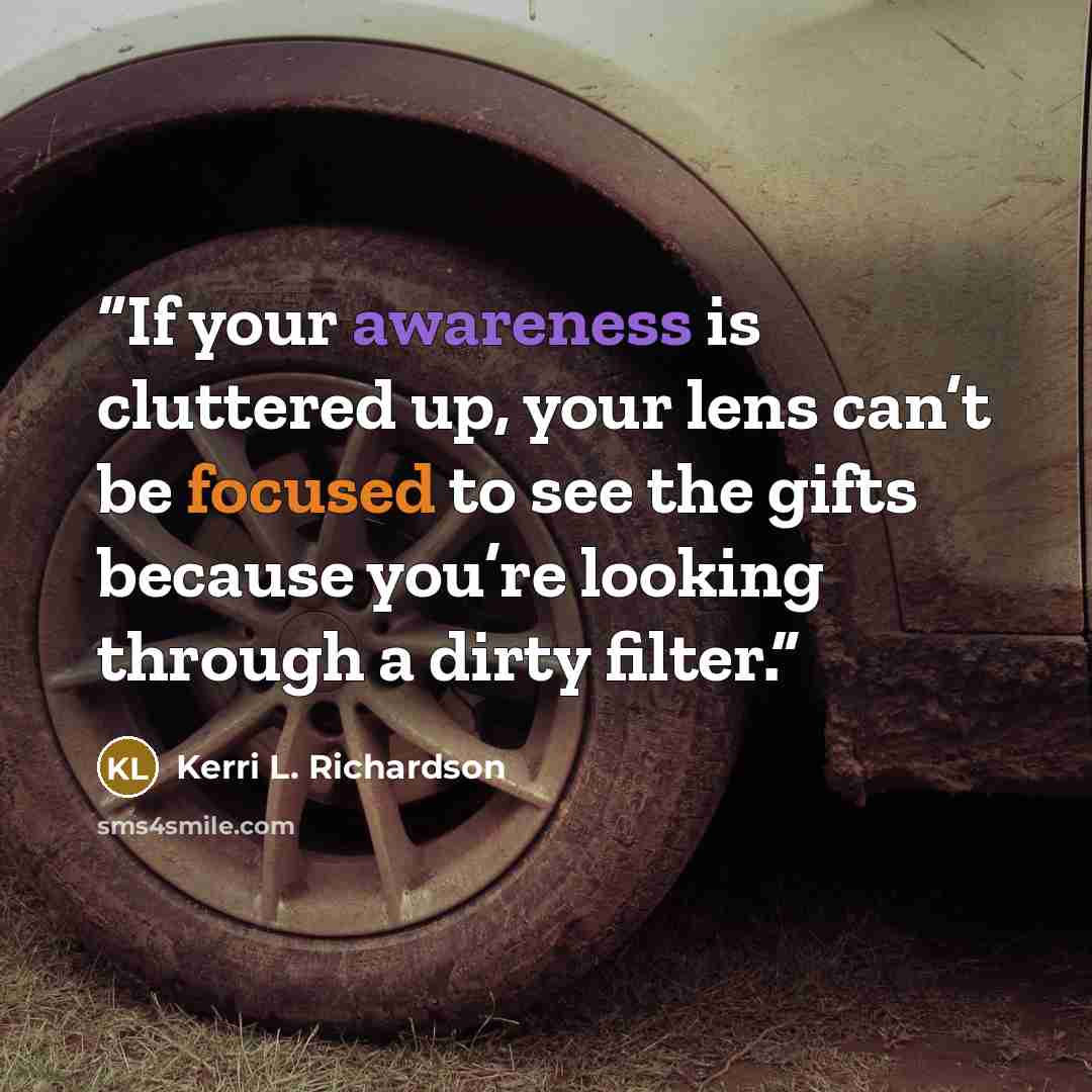 “If your awareness is cluttered up, your lens can’t be focused to see the gifts because you’re looking through a dirty filter.” quote by Kerri L. Richardson