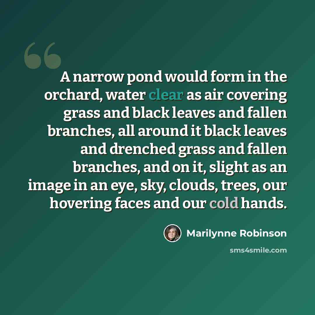“A narrow pond would form in the orchard, water clear as air covering grass and black leaves and fallen branches, all around it black leaves and drenched grass and fallen branches, and on it, slight as an image in an eye, sky, clouds, trees, our hovering faces and our cold hands.” quote by Marilynne Robinson
