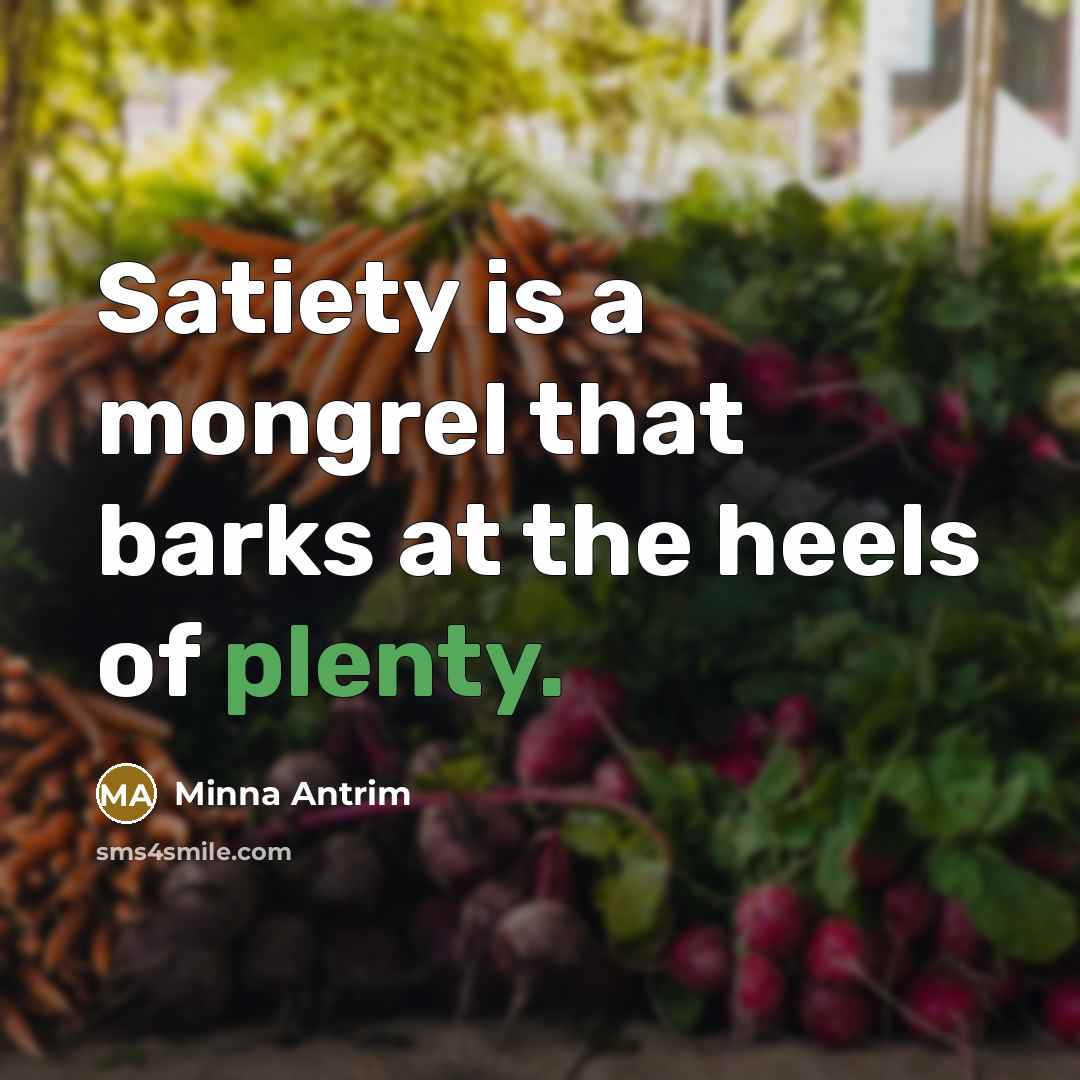 “Satiety is a mongrel that barks at the heels of plenty.” quote by Minna Antrim