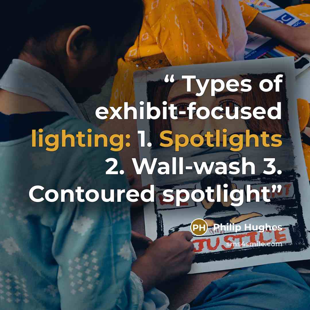 “Types of exhibit-focused lighting: 1. Spotlights 2. Wall-wash 3. Contoured spotlight” quote by Philip Hughes