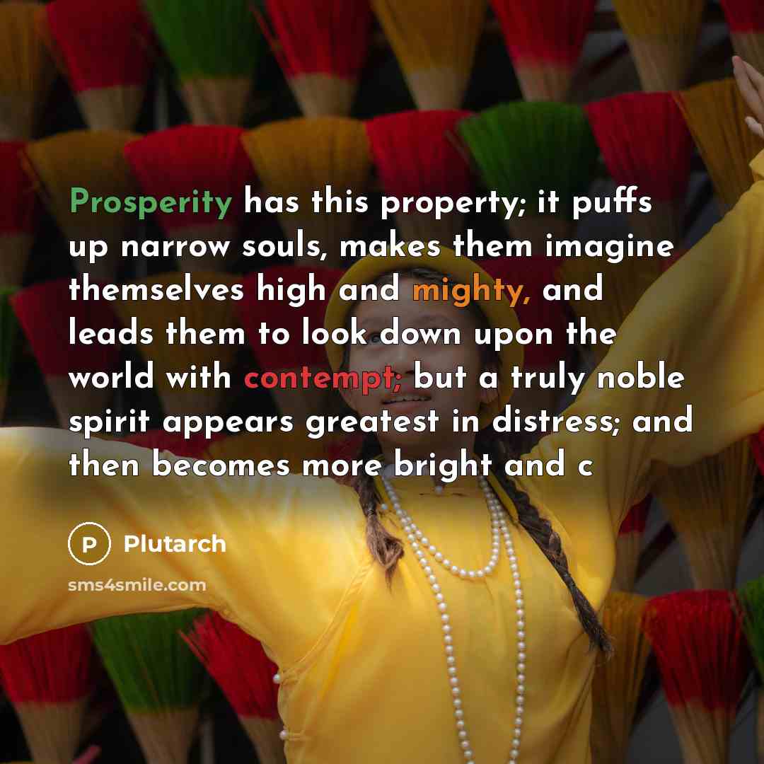 “Prosperity has this property; it puffs up narrow souls, makes them imagine themselves high and mighty, and leads them to look down upon the world with contempt; but a truly noble spirit appears greatest in distress; and then becomes more bright and c” quote by Plutarch