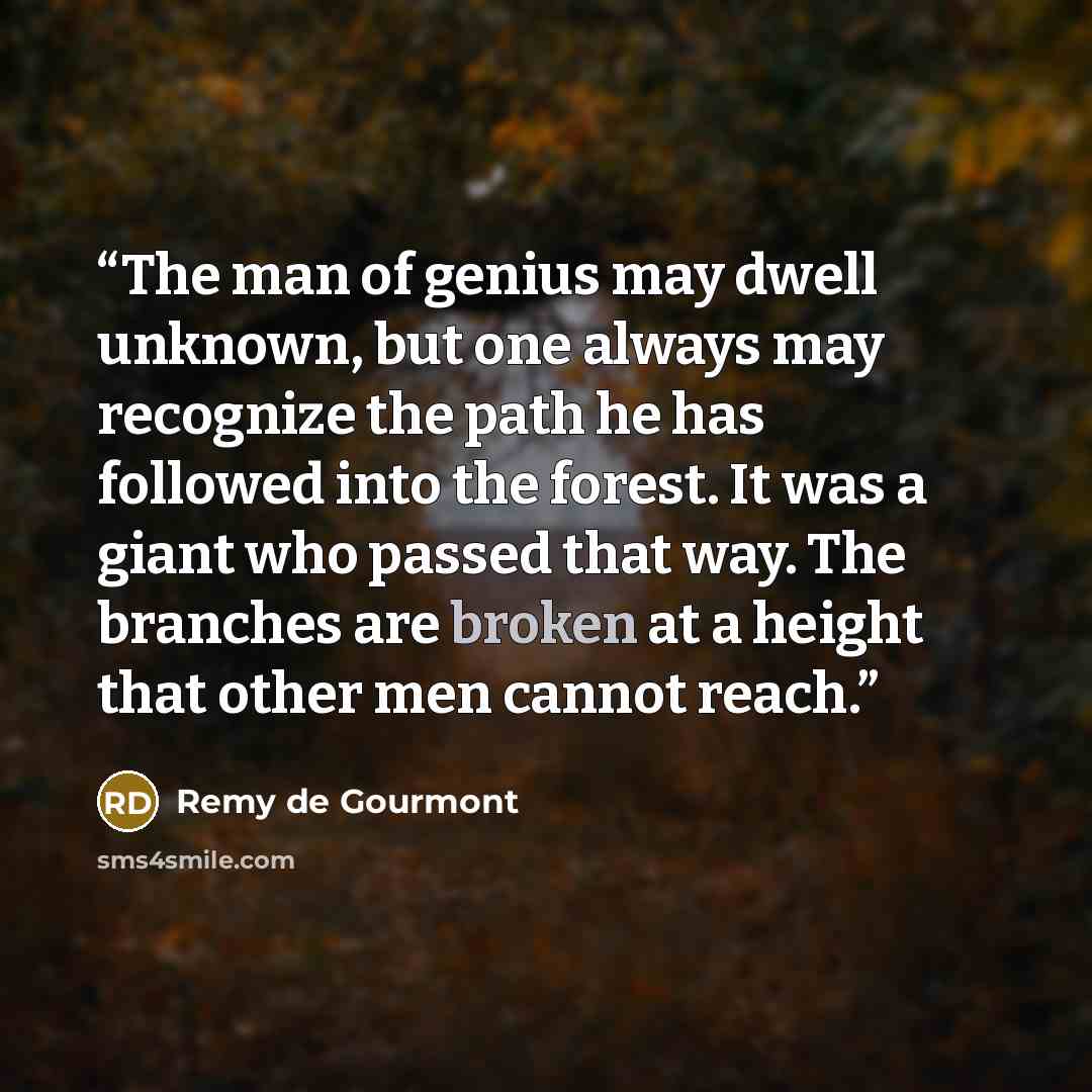 “The man of genius may dwell unknown, but one always may recognize the path he has followed into the forest. It was a giant who passed that way. The branches are broken at a height that other men cannot reach.” quote by Remy de Gourmont