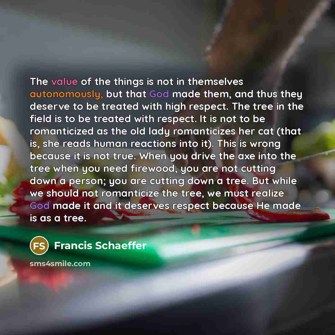 “The value of the things is not in themselves autonomously, but that God made them, and thus they deserve to be treated with high respect. The tree in the field is to be treated with respect. It is not to be romanticized as the old lady romanticizes her cat (that is, she reads human reactions into…” quote by Francis Schaeffer