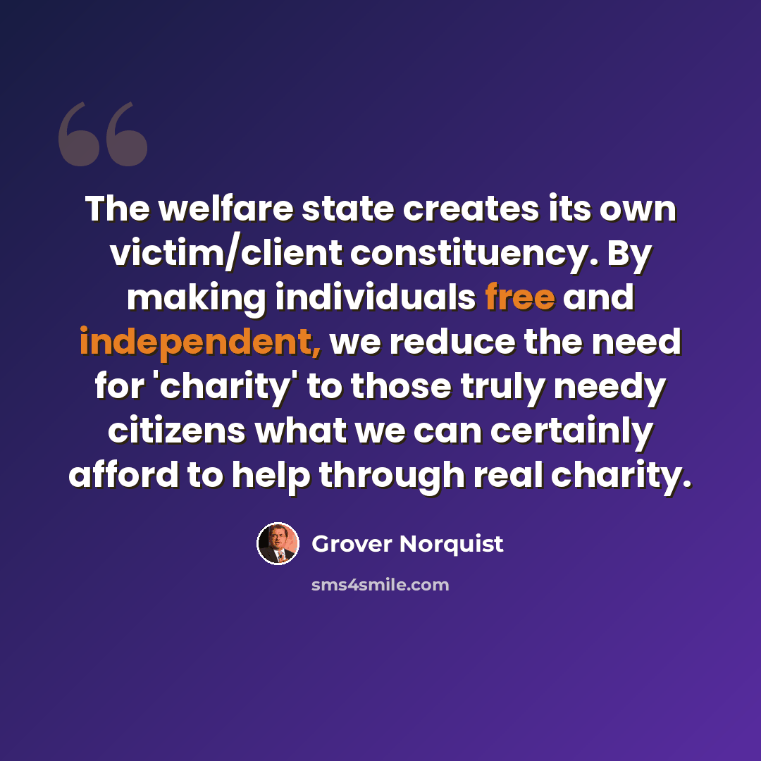 “The welfare state creates its own victim/client constituency. By making individuals free and independent, we reduce the need for 'charity' to those truly needy citizens what we can certainly afford to help through real charity.” quote by Grover Norquist