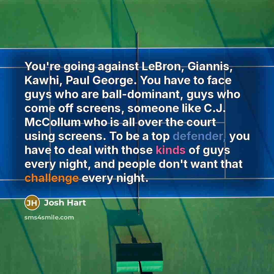 “You're going against LeBron, Giannis, Kawhi, Paul George. You have to face guys who are ball-dominant, guys who come off screens, someone like C.J. McCollum who is all over the court using screens. To be a top defender, you have to deal with those kinds of guys every night, and people don't want…” quote by Josh Hart