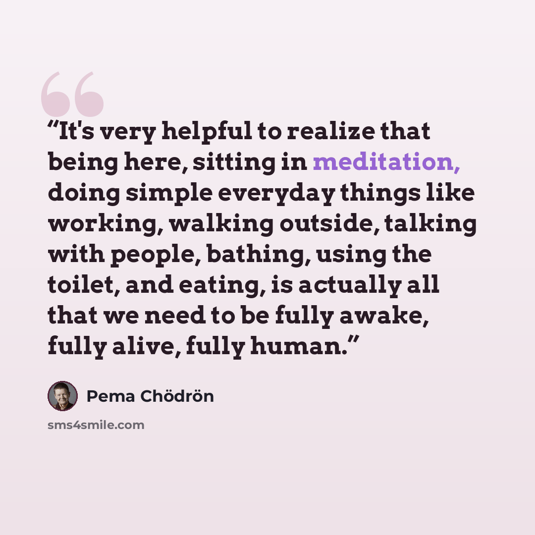 “It's very helpful to realize that being here, sitting in meditation, doing simple everyday things like working, walking outside, talking with people, bathing, using the toilet, and eating, is actually all that we need to be fully awake, fully alive, fully human.” quote by Pema Chödrön