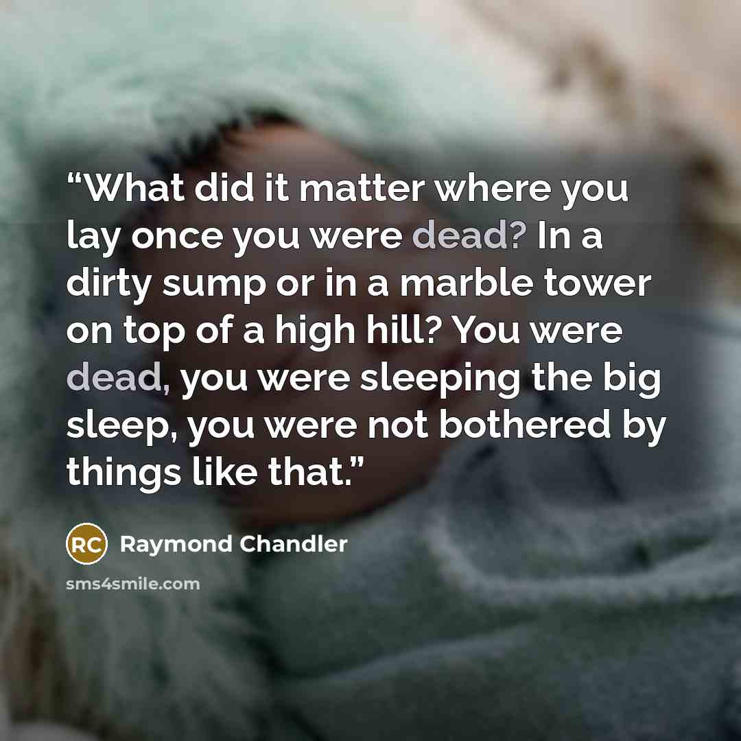 “What did it matter where you lay once you were dead? In a dirty sump or in a marble tower on top of a high hill? You were dead, you were sleeping the big sleep, you were not bothered by things like that.” quote by Raymond Chandler