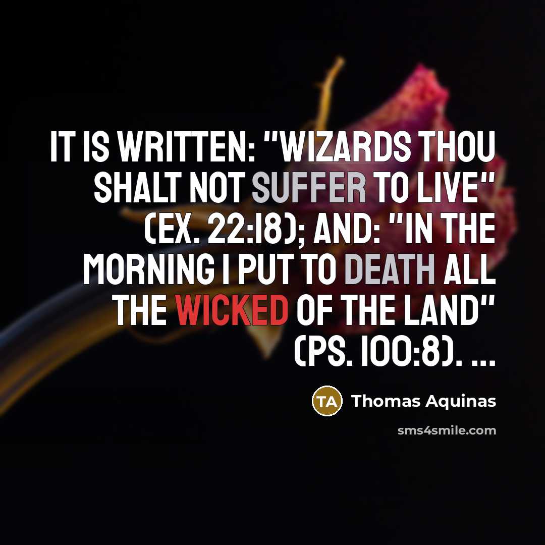 “It is written: "Wizards thou shalt not suffer to live" (Ex. 22:18); and: "In the morning I put to death all the wicked of the land" (Ps. 100:8). ...” quote by Thomas Aquinas