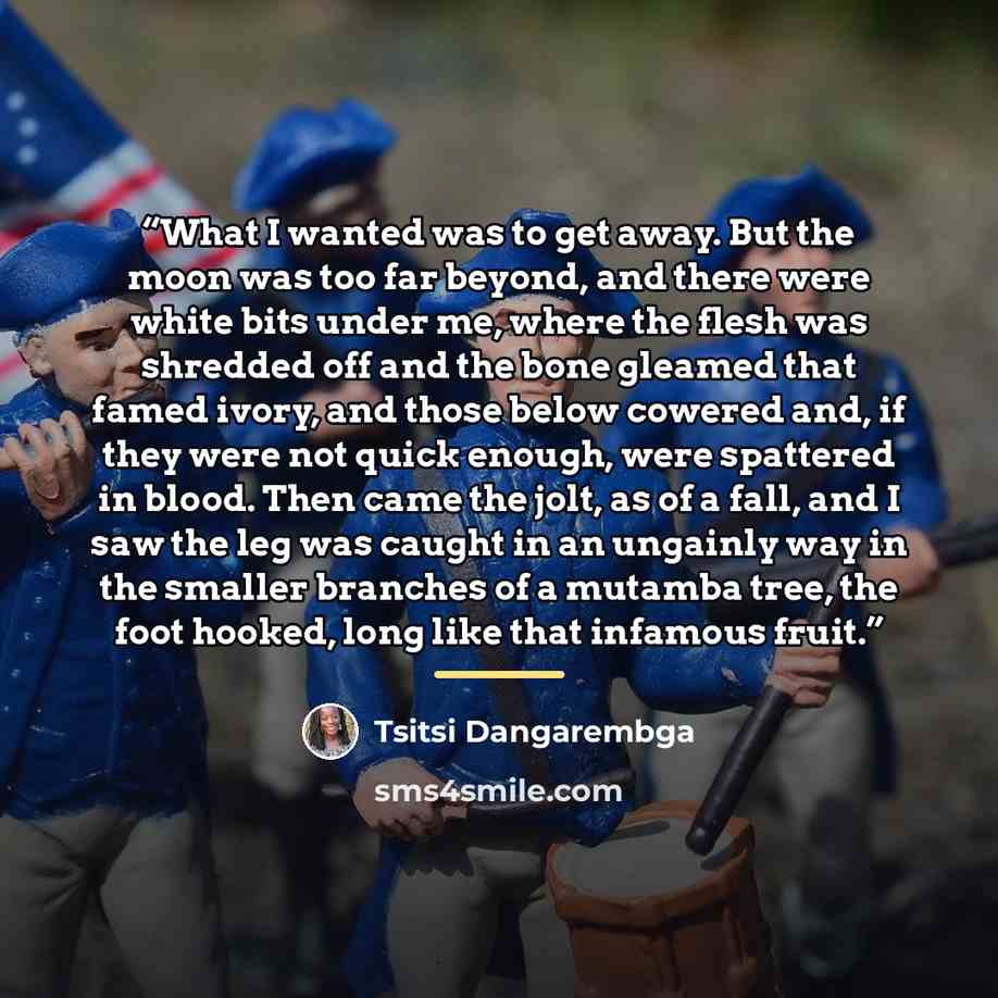 “What I wanted was to get away. But the moon was too far beyond, and there were white bits under me, where the flesh was shredded off and the bone gleamed that famed ivory, and those below cowered and, if they were not quick enough, were spattered in blood. Then came the jolt, as of a fall, and I…” quote by Tsitsi Dangarembga