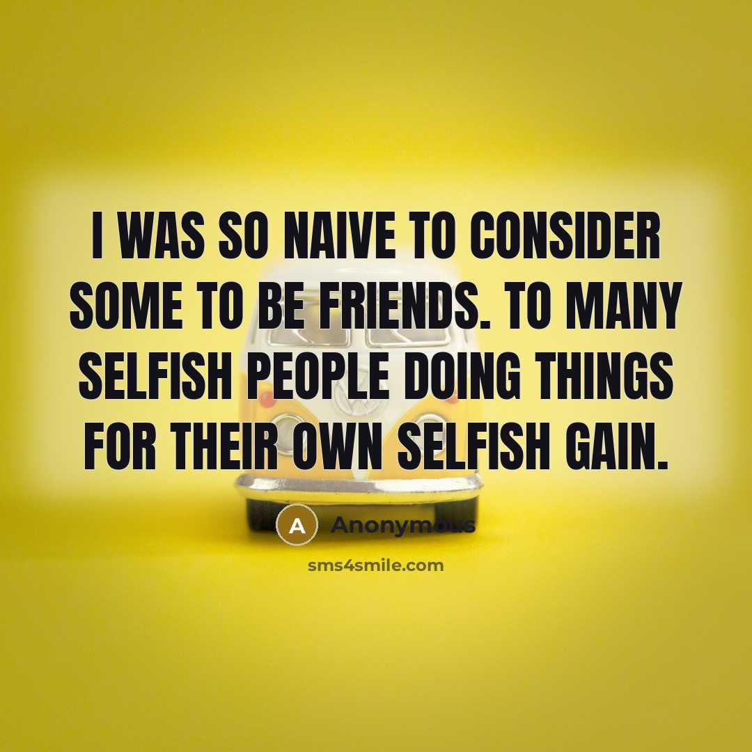 “I was so naive to consider some to be friends. To many Selfish people doing things for their own Selfish gain.” quote by Anonymous