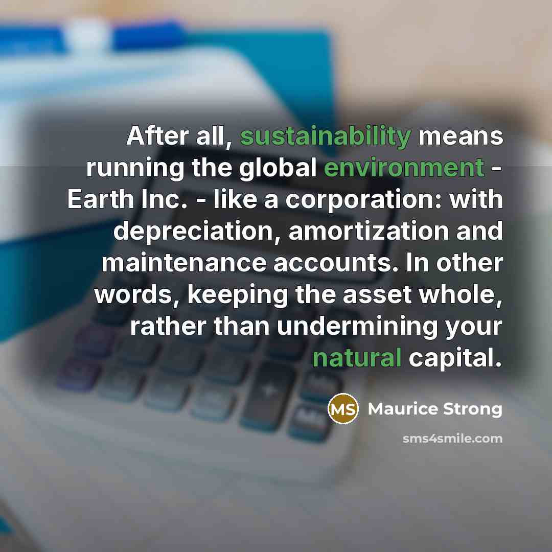 “After all, sustainability means running the global environment - Earth Inc. - like a corporation: with depreciation, amortization and maintenance accounts. In other words, keeping the asset whole, rather than undermining your natural capital.” quote by Maurice Strong