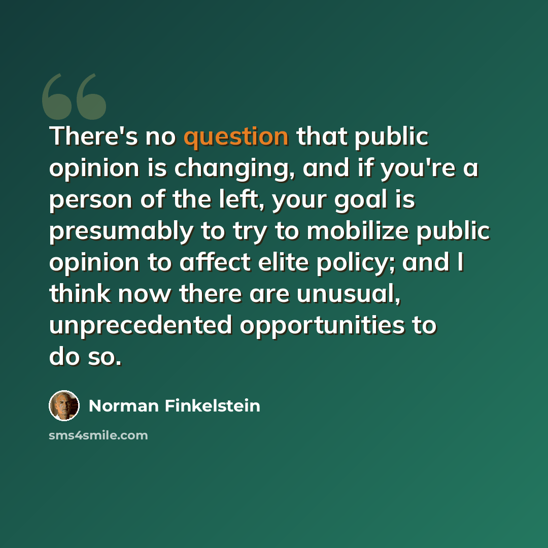 “There's no question that public opinion is changing, and if you're a person of the left, your goal is presumably to try to mobilize public opinion to affect elite policy; and I think now there are unusual, unprecedented opportunities to do so.” quote by Norman Finkelstein
