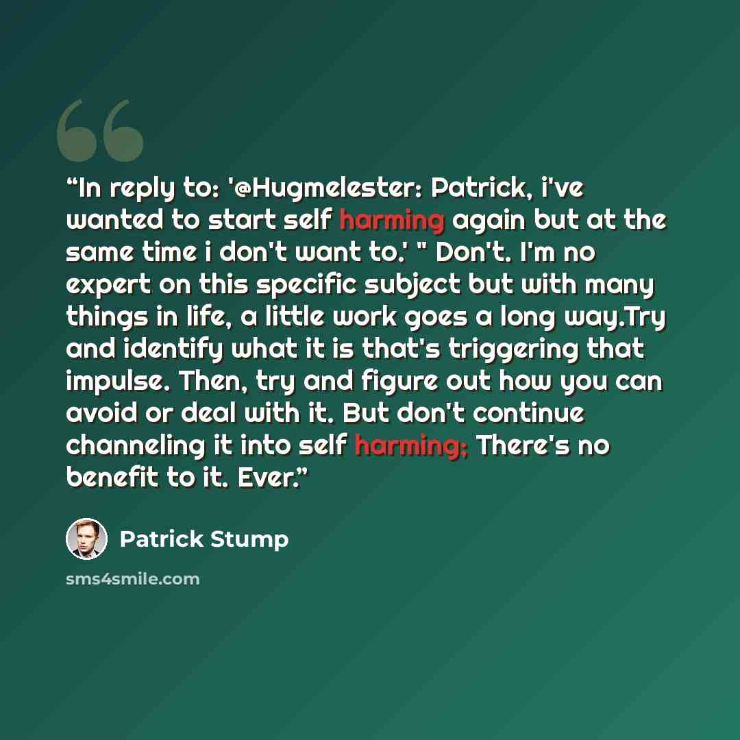 “In reply to: '@Hugmelester: Patrick, i've wanted to start self harming again but at the same time i don't want to.' " Don't. I'm no expert on this specific subject but with many things in life, a little work goes a long way.Try and identify what it is that's triggering that impulse. Then, try and…” quote by Patrick Stump