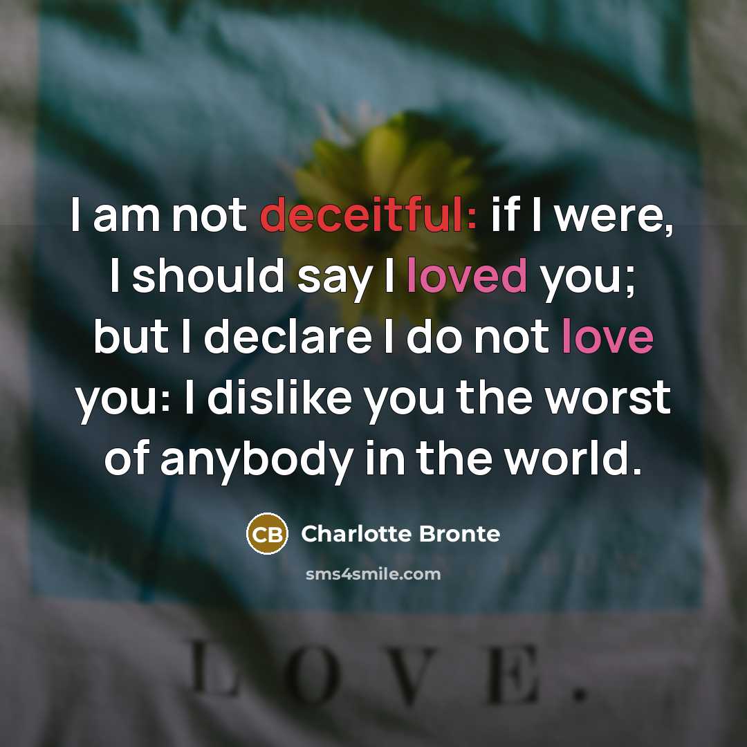“I am not deceitful: if I were, I should say I loved you; but I declare I do not love you: I dislike you the worst of anybody in the world.” quote by Charlotte Bronte